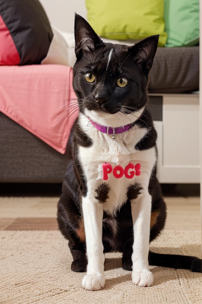 Create a logo for the brand “Poops!” that incorporates elements of both a cat and a dog. The design should be playful and friendly, appealing to pet owners. The logo should blend these elements in a way that clearly represents the bond between cats and dogs, making it visually striking and memorable. Consider using vibrant colors to make the logo stand out.
