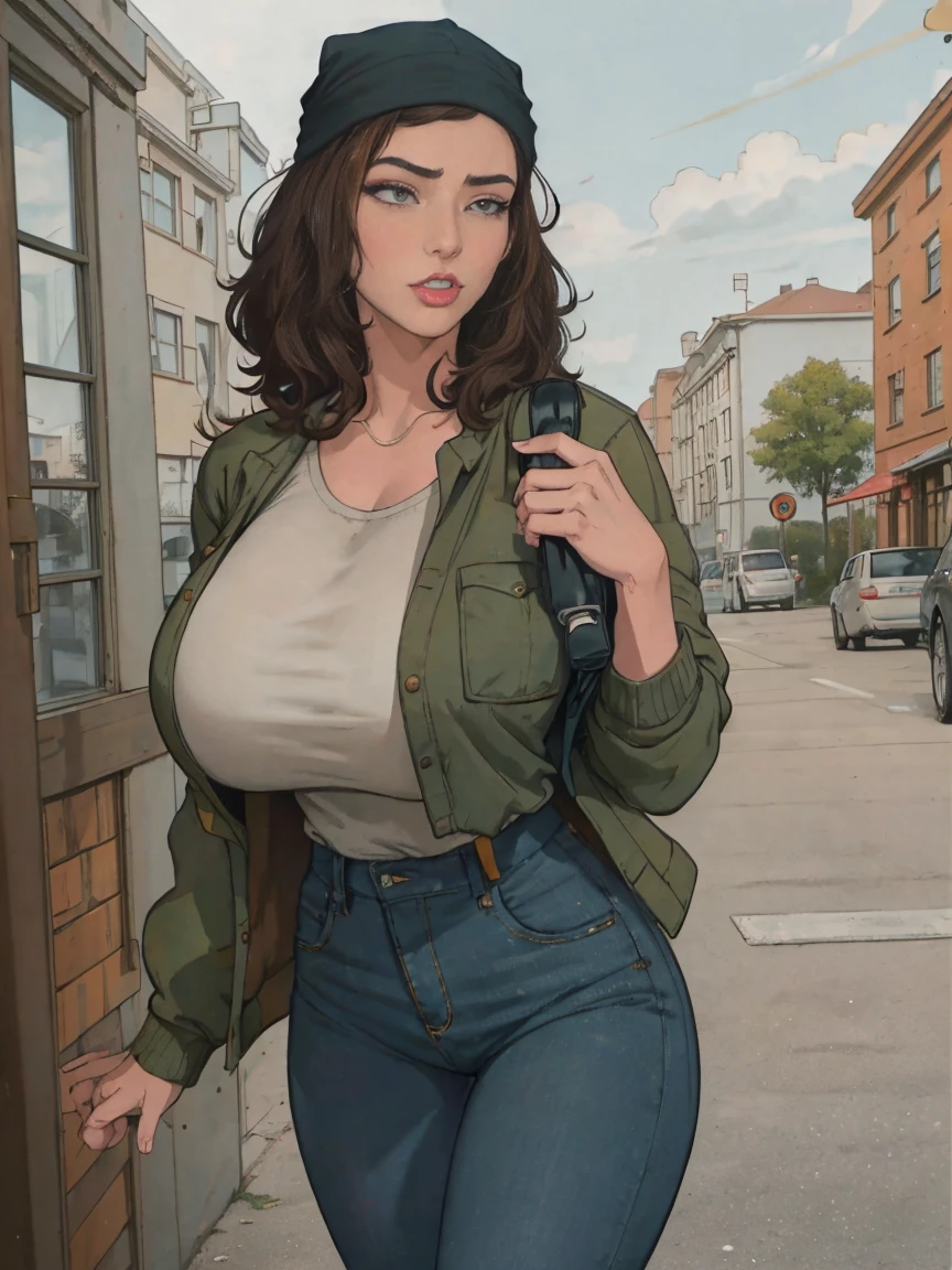 Extremely busty thin and toned brunette photographer, college girl, fair skin, loose side sweep, soft face, athletic, bandana babushka headwrap, tight olive green casual windbreaker, skinny jeans. standing in front of her apartment building, outdoors, city, camera bag, cleavage 