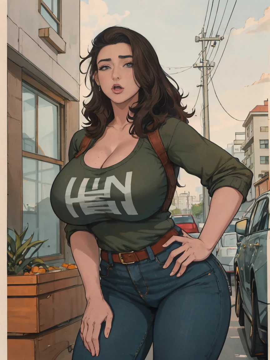 Extremely busty thin and toned brunette photographer, college girl, fair skin, loose side sweep, soft face, athletic, bandana babushka headwrap, tight olive green casual windbreaker, skinny jeans. standing in front of her apartment building, outdoors, city, camera bag, cleavage