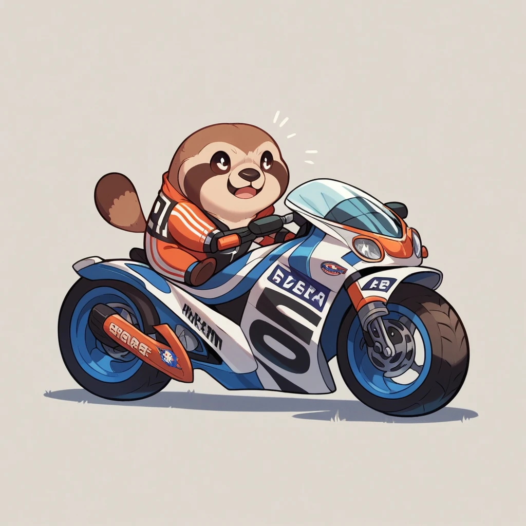animal,chibi,sloth,sport,racing,biker,racing suit, bike lean in