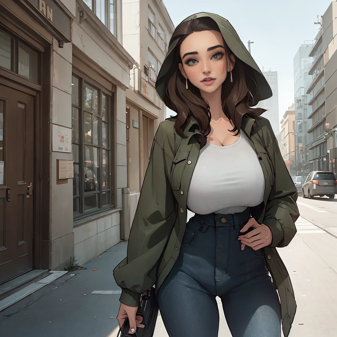 Extremely busty thin and toned brunette photographer, college girl, fair skin, loose side sweep, soft face, athletic, bandana babushka headwrap, tight olive green casual windbreaker, skinny jeans. standing in front of her apartment building, outdoors, city, camera bag, cleavage