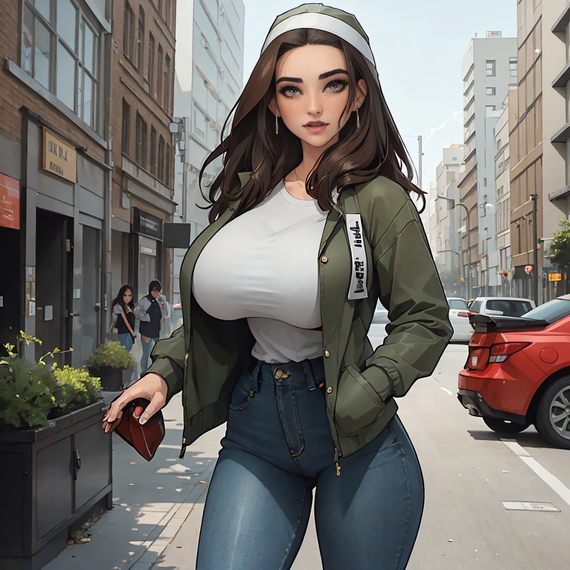 Extremely busty thin and toned brunette photographer, college girl, fair skin, loose side sweep, soft face, athletic, bandana babushka headwrap, tight olive green casual windbreaker, skinny jeans. standing in front of her apartment building, outdoors, city, camera bag, cleavage 