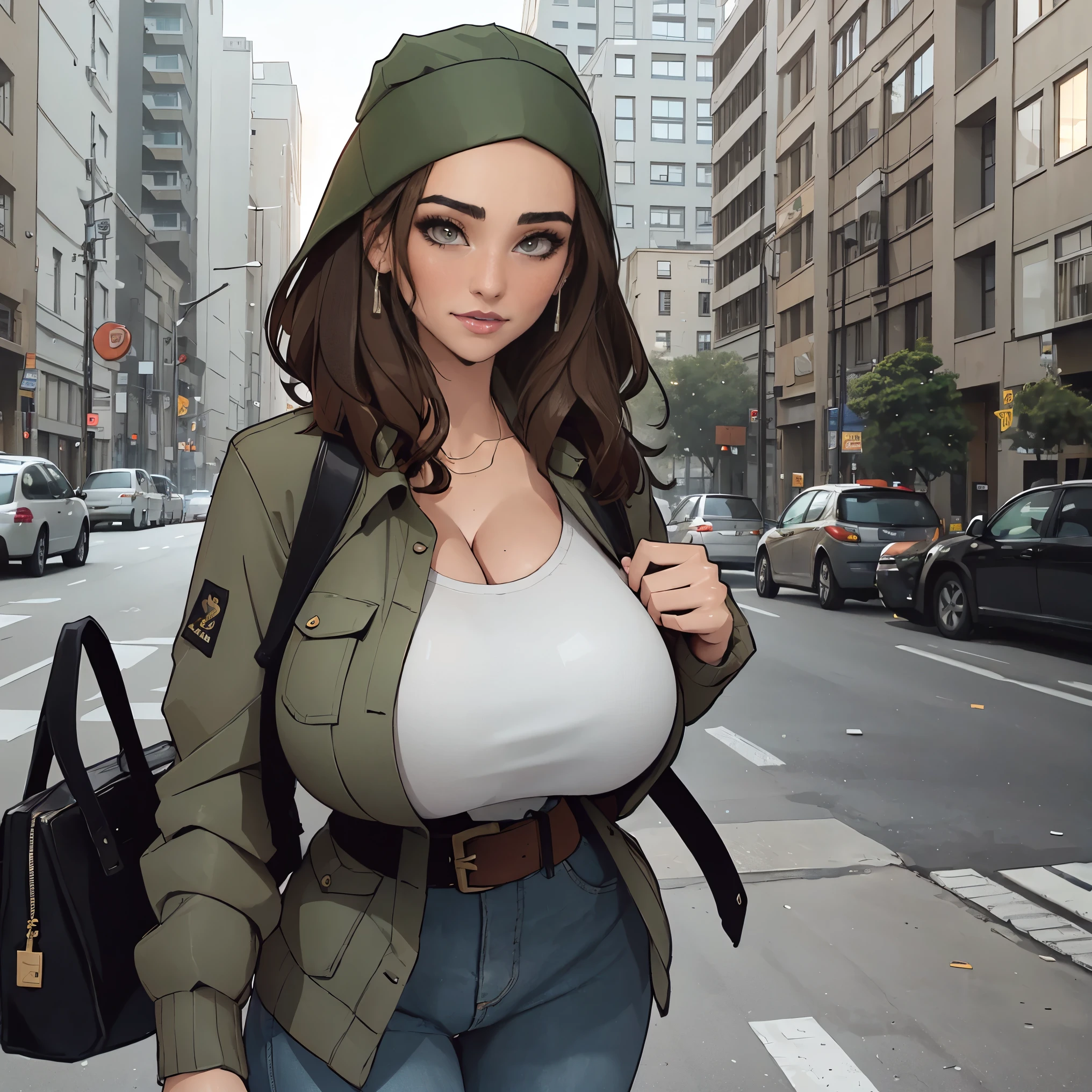 Extremely busty thin and toned brunette photographer, college girl, fair skin, loose side sweep, soft face, athletic, bandana babushka headwrap, tight olive green casual windbreaker, skinny jeans. standing in front of her apartment building, outdoors, city, camera bag, cleavage