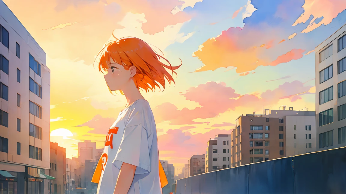 watercolor,building,Girl in the distance,sunset,tears,sad,cry,setting sun,Big Sky,Orange Hair,Bob Hair,sad表情,crouch,high resolution,White T-shirt,