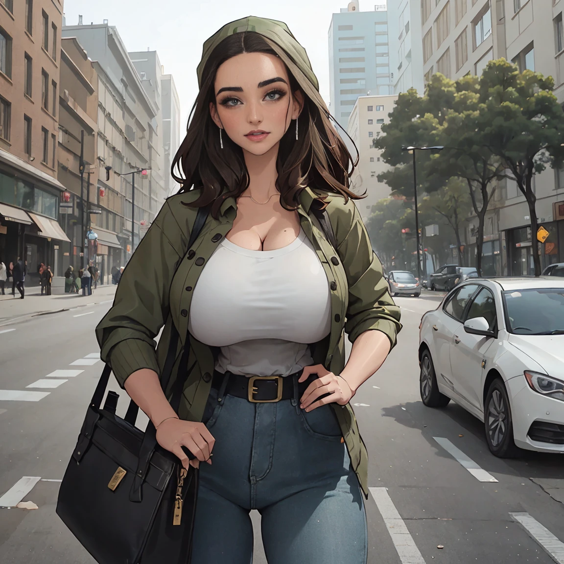 Extremely busty thin and toned brunette photographer, college girl, fair skin, loose side sweep, soft face, athletic, bandana babushka headwrap, tight olive green casual windbreaker, skinny jeans. standing in front of her apartment building, outdoors, city, camera bag, cleavage