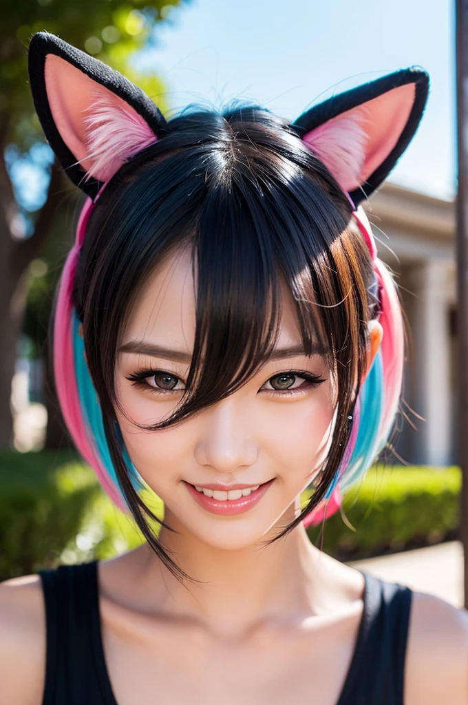 hair bobbles, wince, longeyelashes, solid circle eyes, fake animal ears, light smile, ear blush, fang, ccurate, multicolored hair, Surrealism, drop shadow, anaglyph, stereogram, pov, atmospheric perspective, 8k, super detail, best quality