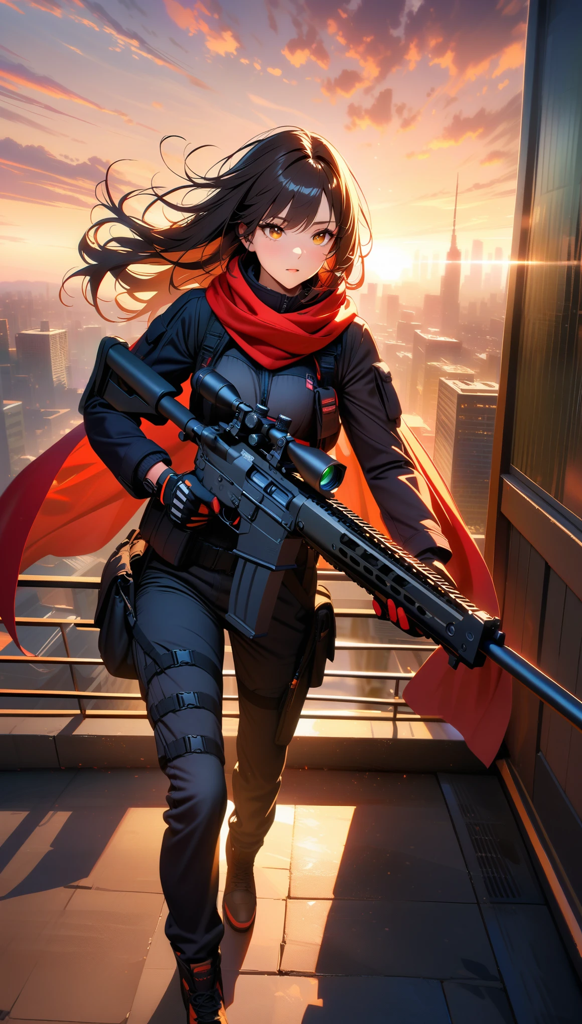Masterpiece, Best Quality, Super Detailed, High Definition, HDR, Realistic, Depth, Fine Texture, Super Fine, Complete concentration. A cool and stylish sniper,(Snipers are on a mission to eliminate targets in the crowd): detailed tactical outfit, advanced sniper rifle, focused expression, Scene: Rooftop of a high-rise building at sunset, cityscape in the background, lens flare, shadows, and highlights enhancing the atmosphere, Background: Urban city, detailed skyline, vibrant colors, dramatic lighting, Lighting: Cinematic lighting, volumetric lighting, lens flare, dramatic shadows, Details: Beautiful detailed eyes, intense gaze, intricate details on the sniper rifle, wind blowing through hair or scarf, Atmosphere: Action-packed, intense, stylish, professional, vibrant, ultra-detailed, white and black colour schemes