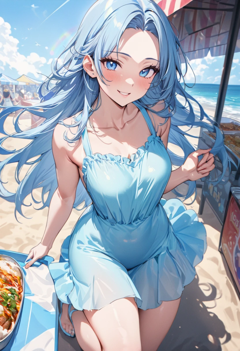 (full body, pov style), (solo:2, 15 yo, forehead blue hair long hair lovely girl, cute blue eyes, love smile, , glossy lip), (in a blue summer one piece dress), break, in the Beach food stalls, background Double Exposure beautiful ocean and beautiful rainbow, BREAK, perfect anatomy, masterpiece, best quality, 16k, beautiful detailed love, sexy, daydreaming expression.