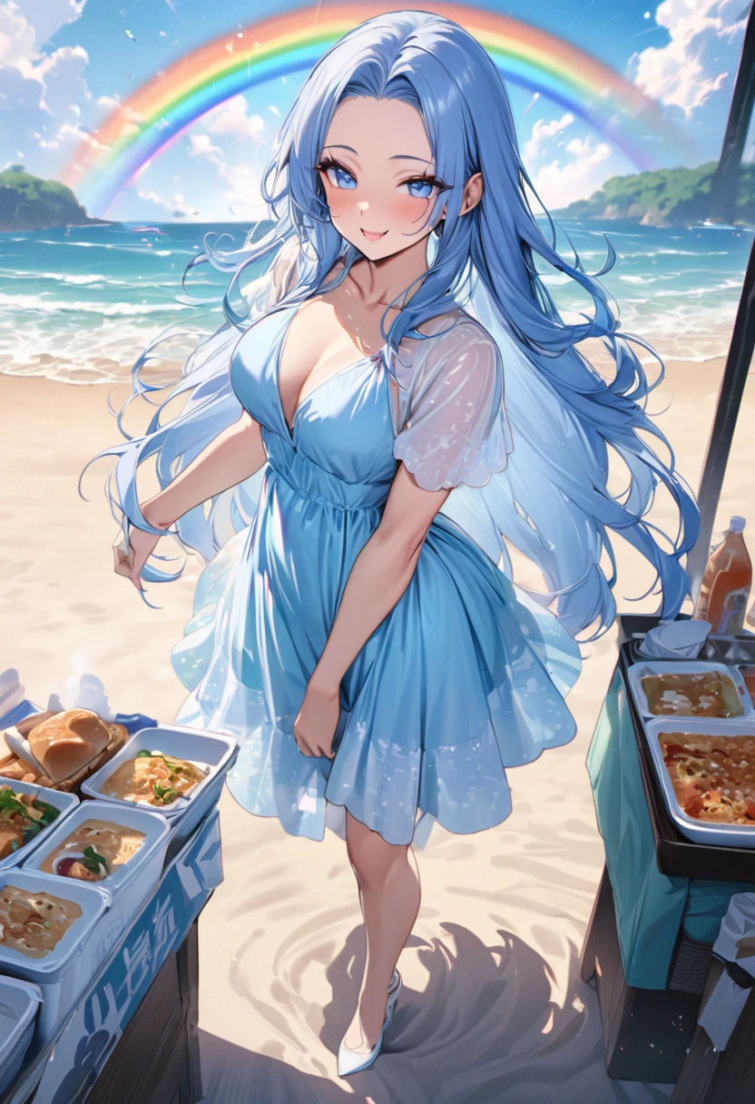 (full body, pov style), (solo:2,  yo, forehead blue hair long hair lovely girl, cute blue eyes, love smile, , glossy lip), (in a blue summer one piece dress), break, in the Beach food stalls, background Double Exposure beautiful ocean and beautiful rainbow, BREAK, perfect anatomy, masterpiece, best quality, 16k, beautiful detailed love, sexy, daydreaming expression.