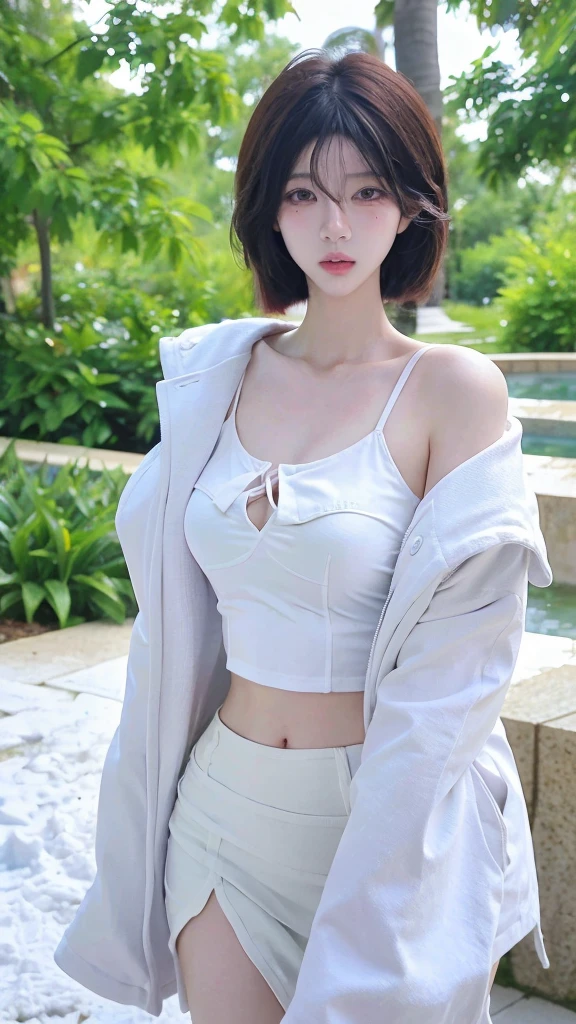 Beautiful woman with perfect figure:1.4，snow，snow背景，Layered Hairstyle，White skin，Prominent cleavage，Pleated Skirt，whole body，Very delicate face and skin texture，Double eyelids，Skin Whitening，Long white hair