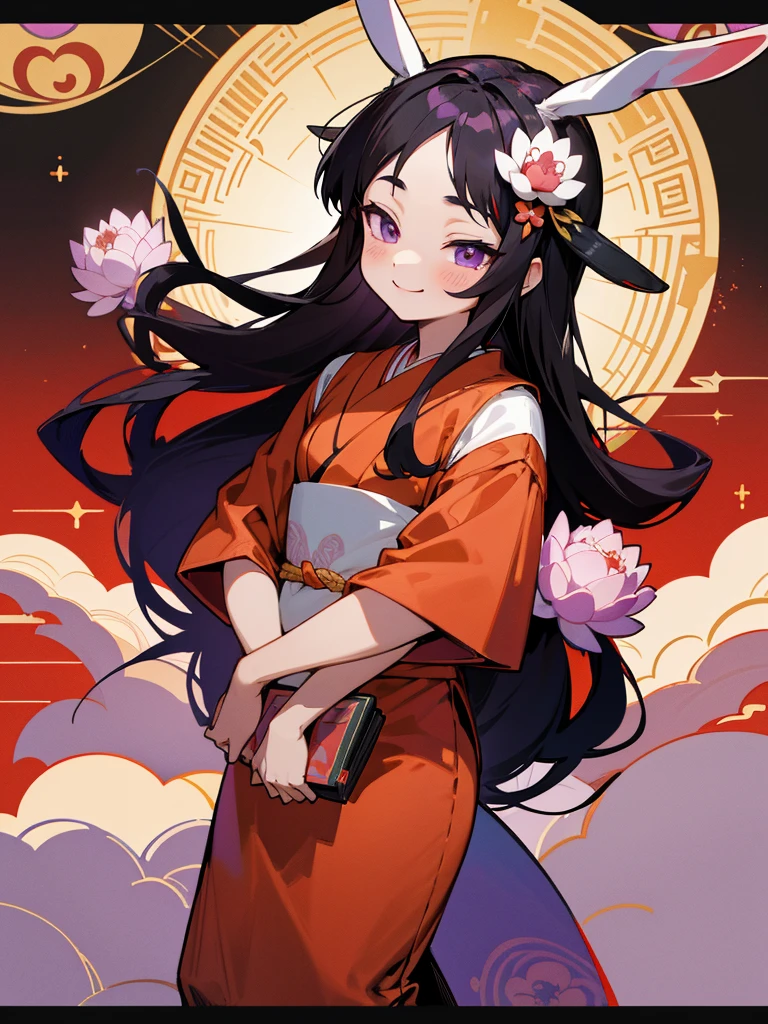 Buddha, rabbit ears, Black long hair, Red Japanese pattern dress, portable shrine, Angel Halo, lotus flower field, purple eyes, smile, Japanese flag
, lotus bouquet, paradise, Rose hair ornament.Gold Screen Chibi Maruko-chan