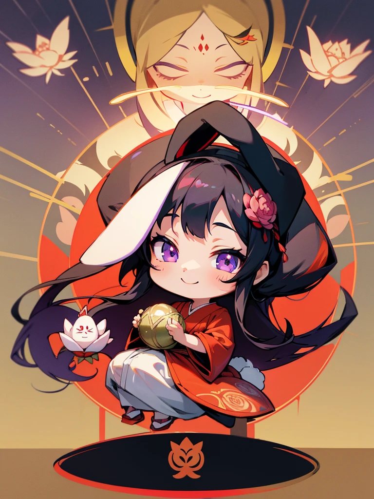 Buddha, rabbit ears, Black long hair, Red Japanese pattern dress, portable shrine, Angel Halo, lotus flower field, purple eyes, smile, Japanese flag
, lotus bouquet, paradise, Rose hair ornament.Gold Screen Chibi Maruko-chan