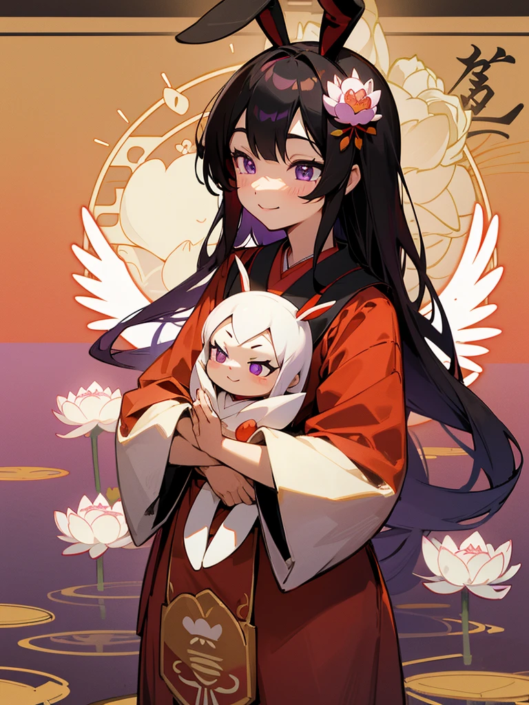 Buddha, rabbit ears, Black long hair, Red Japanese pattern dress, portable shrine, Angel Halo, lotus flower field, purple eyes, smile, Japanese flag
, lotus bouquet, paradise, Rose hair ornament.Gold Screen Chibi Maruko-chan