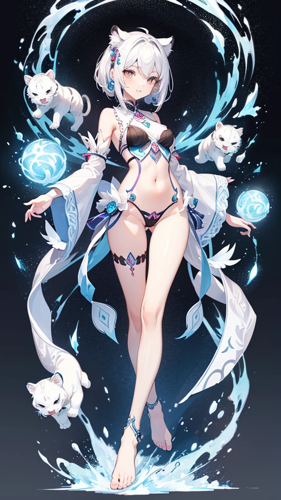 Second dimension ancient style magic(White Tiger)Girl(Full body picture),Perfectly proportioned body,Slender,Lively, cheerful and happy,Bare feet and legs,Ultra-clear