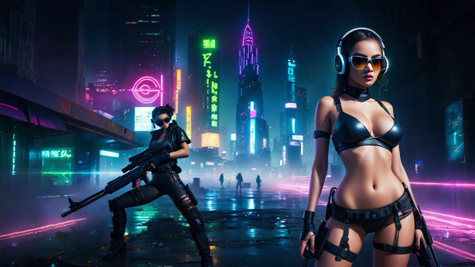 dark futuristic landscape, at night, neon lights, Atmospheric fog, large buildings in the background, futuristic city, streets with open shops, skyscraper (postapocalyptic city:1.3). (((1girl, solo, alone))), large-breast:1.2 slim body, cleavage:1.1,  miniskirt, (((headphone, black sunglasses, standing and holding pistol pose))), (((half-body thigh level medium shot))), cinematic lighting, lens flare, ray tracing.