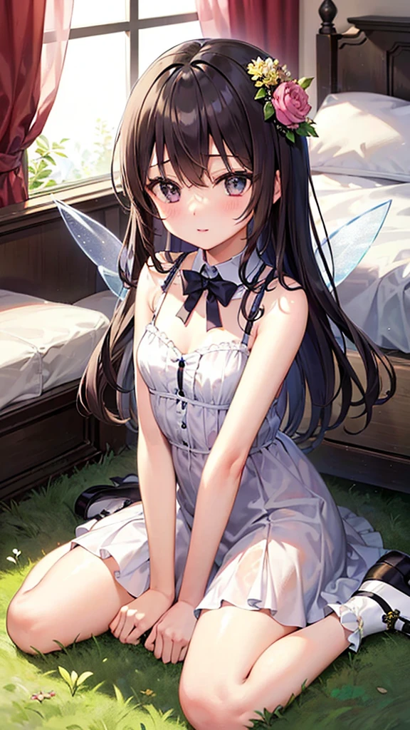 (masterpiece, best quality:1.3), 1 girl, 独奏, teenager,(top quality eyes:1.3),18 year old girl、bed、My Room、Normal size breasts、wariza、"Pastel color fairy style。The lavender-colored floating dress is made of fluffy tulle.、The chest is decorated with ribbon and lace。There are transparent fairy wings on the back.、Her hair is decorated with a flower crown。On her feet she is wearing silver flat shoes.、It depicts a man walking through the grassland.。"