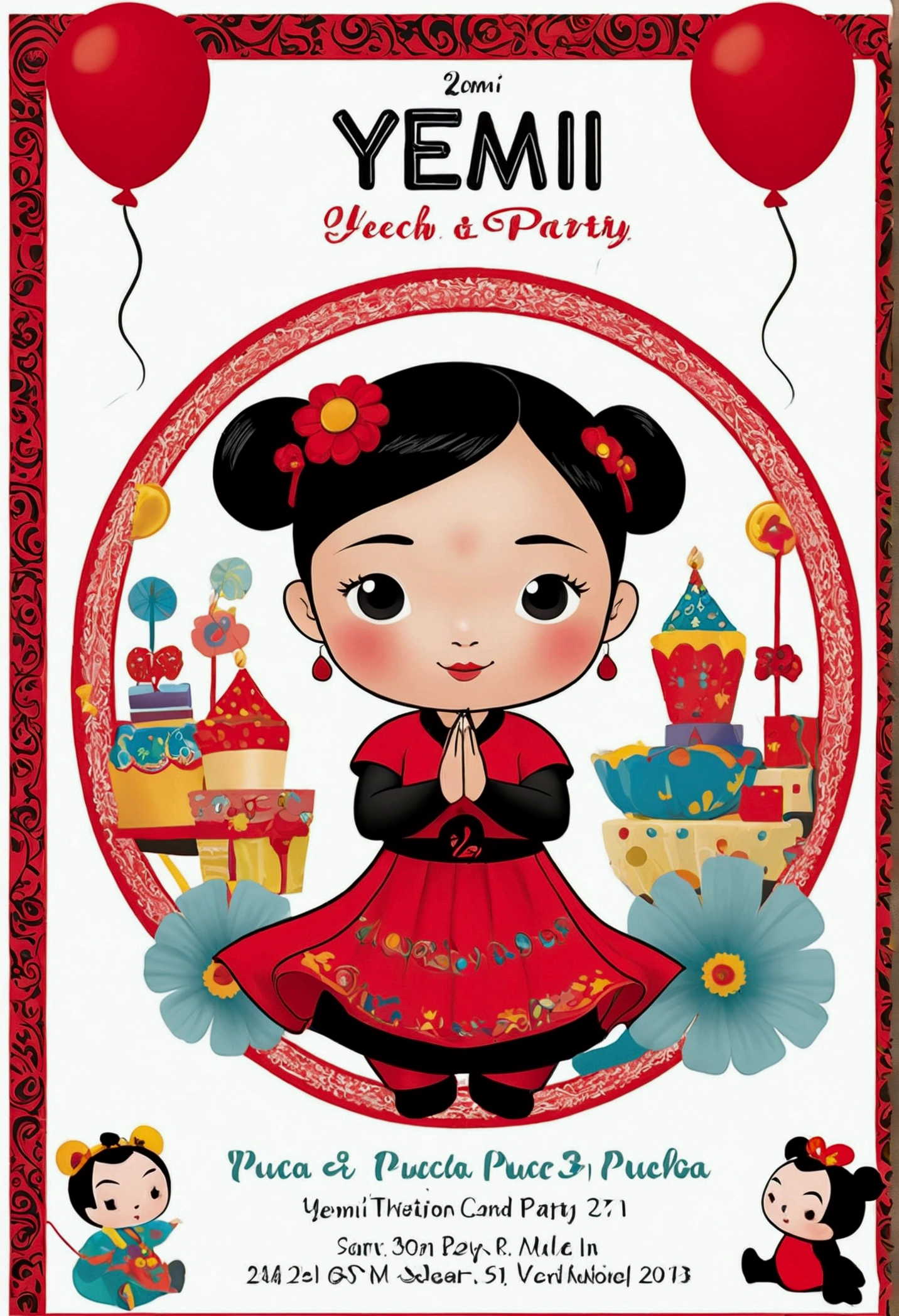 Invitation to a 2  birthday party with the name Yeimi and pucca theme also with the place texts, Day and hour