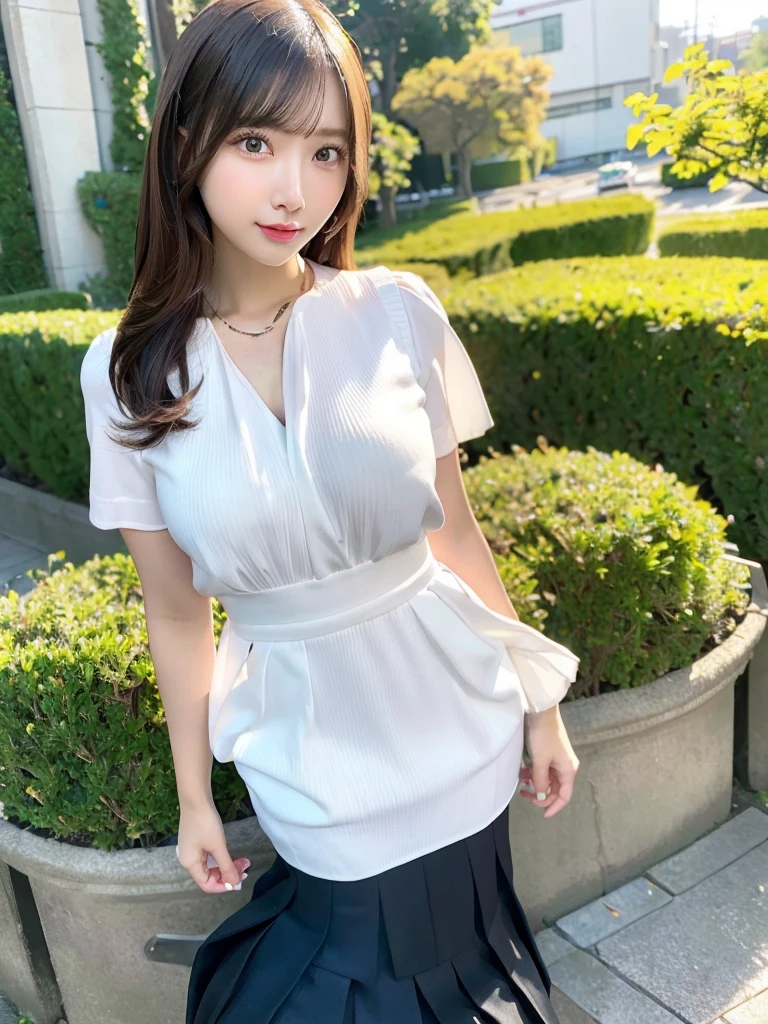 (8k, RAW photo, top quality, masterpiece: 1.2), (realistic, photorealistic: 1.37), three-dimensional, ultra detail, ultra high resolution, beautiful detailed face, one girl, beholder, constriction, beautiful detailed skin, skin texture, floating hair, professional lighting, (Japanese beautiful and cute girl:1.2), long hair, bob cut, beautiful hair, 20 years old, slim waist, big breasts, look at viewer, in the town, (embarassing:1.1), bracelet, earing, necklace, (cute blouse, pleated skirt, skirt lift), Showing a glimpse of thighs