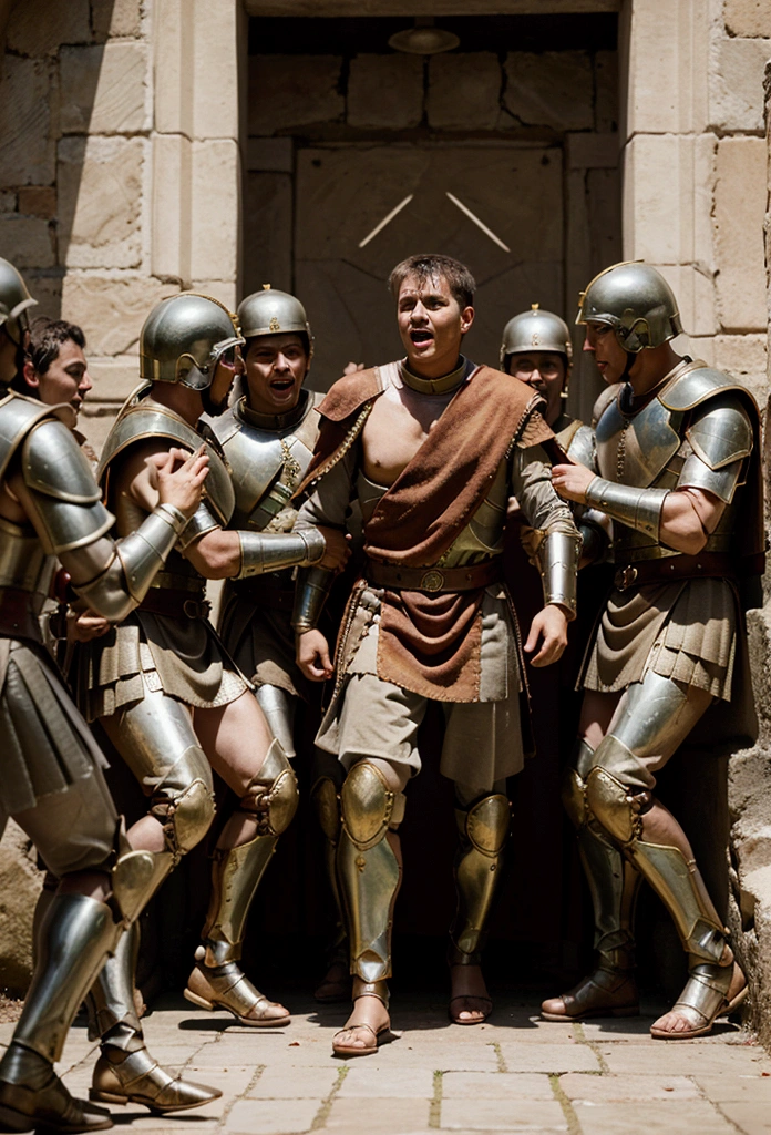 Create an image of group of roman soldiers capturing marcus tullius cicero