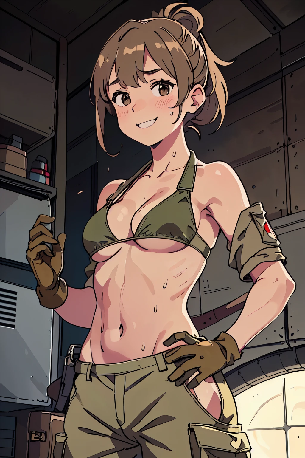 best quality, masterpiece, 1 mechanic girl, smiling, (wearing bikini-top, khaki cargo pants:1.4), gloves, (light brown ponytail hair with bangs:1.3), (sweating a lot:1.4), (contrapposto, hands down:1.3), factory, (small breast, cleavage, underboob:1.3)