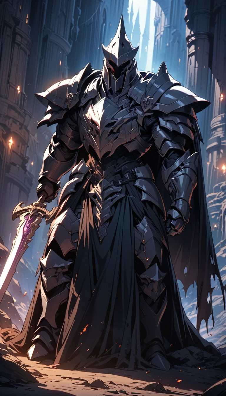 Masterpiece, highest quality, ultra detailed, 90s anime, evil knight, heavy armor, sharp edges, intimidating helmet, tattered cloak, holding sword, dark aesthetic, cinematic lighting, fantasy setting