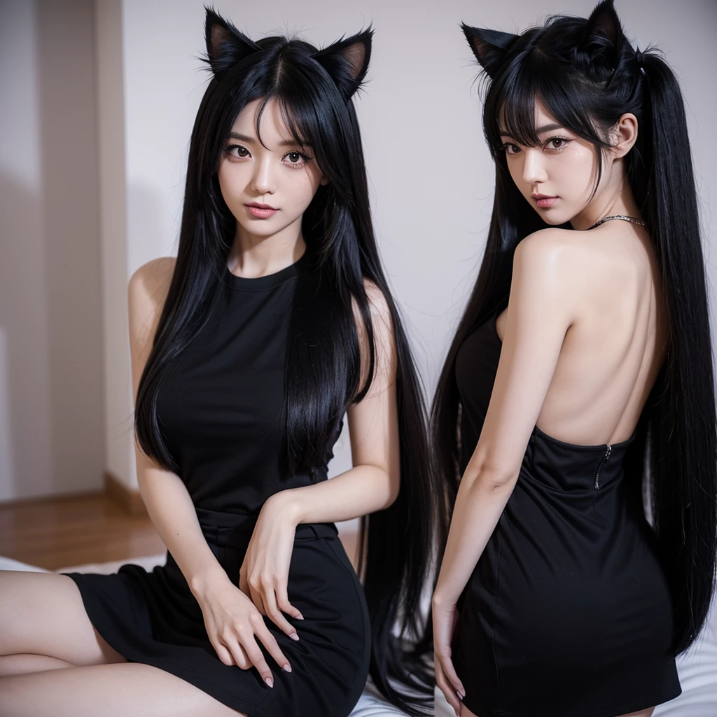 ((best_quality)), (best_detail), 1lady, black_eyes, cat_ears, cat_tail, medium_breasts, straight_hair, black_hair, midium_hair, a_tail_attached_to_the_tailbone,