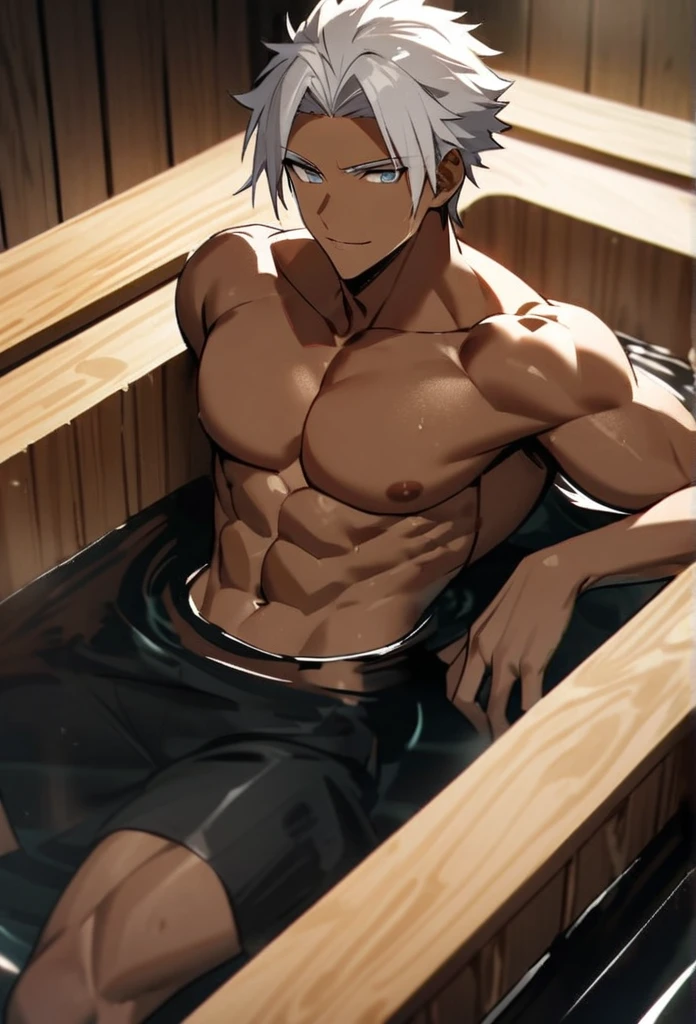 Character masculine From The king of figthers, k Dash with a soft smile on your lips in a night mood , white hair short, Gray iris eyes, dark skin, Toned muscular body, In a wooden bathtub
