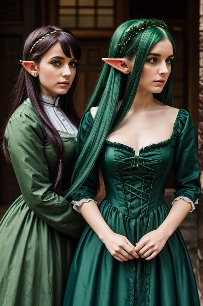 Women with long dark green hair and elf ears in a victorian dress