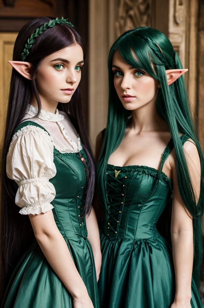 Women with long dark green hair and elf ears in a victorian dress