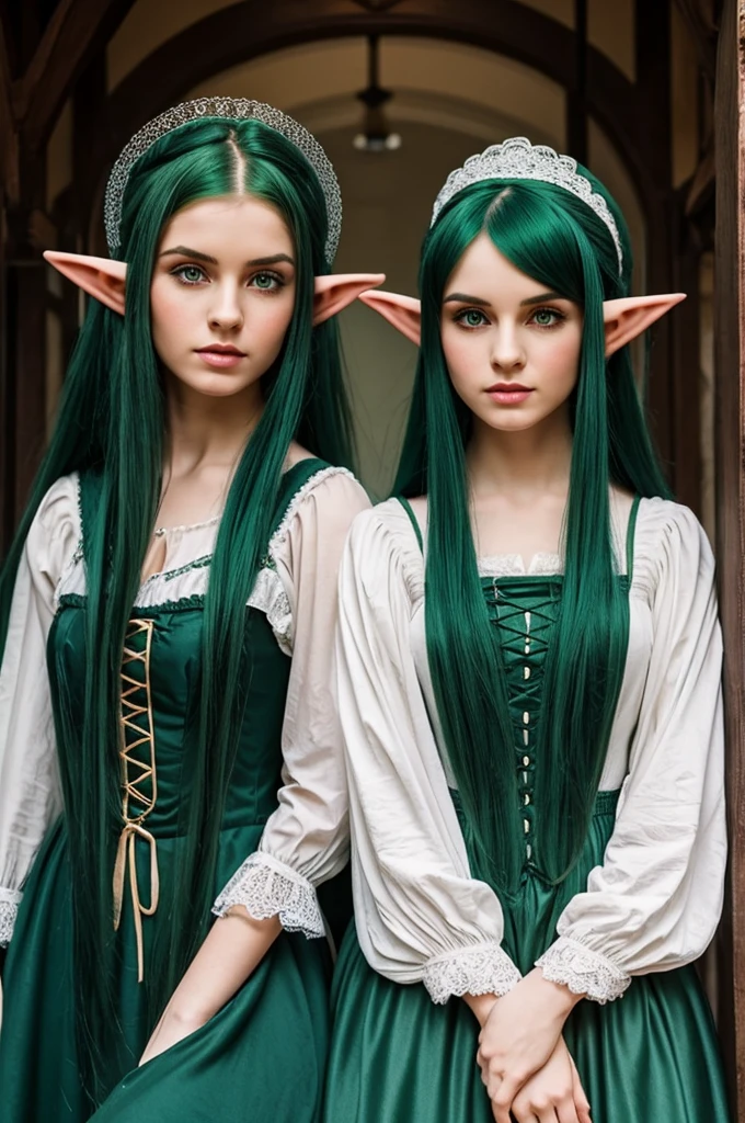 Women with long dark green hair and elf ears in a victorian dress