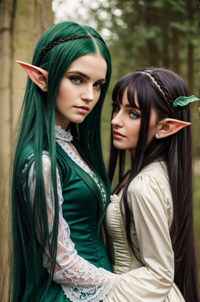 Women with long dark green hair and elf ears in a victorian dress