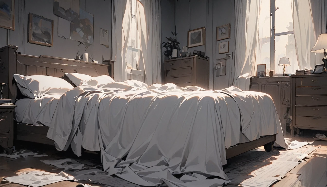 A messy and dark bedroom, the windows are covered with sheets and in the background there is only a messy white bed next to a lamp that emits a little light, shades of gray and black, ((high quality)), ((masterpiece)), ((detailed)), no one