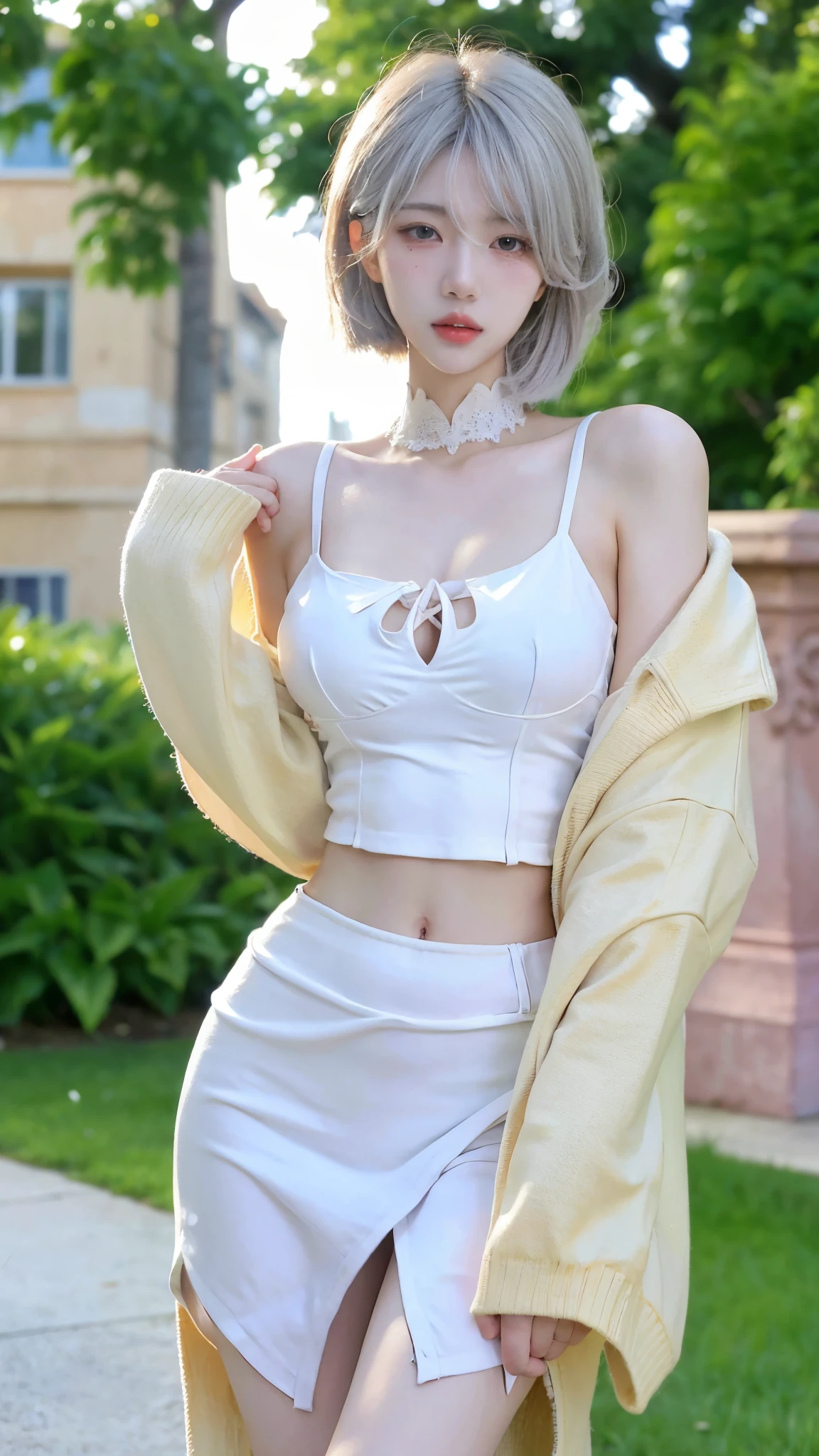 Beautiful woman with perfect figure:1.4,snow,snow背景,Layered Hairstyle,White skin,Prominent cleavage,Pleated Skirt,whole body,Very delicate face and skin texture,Double eyelids,Skin Whitening,Long white hair