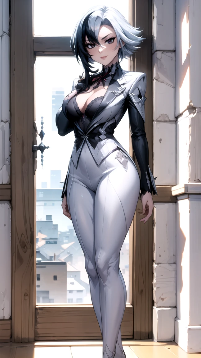 thick outlines, comics, photorealistic, perfect hands, masterpiece:1.2, beautiful figure, red crosses instead of pupils, full length (full body 1.1), Cathedral, Dark, Gothic, 1 girl, One, White hair, black hair, multicolored hair, X-shaped pupils, black eyes, Arles_suit, , detailed background, Detailed face, detailed eyes, 