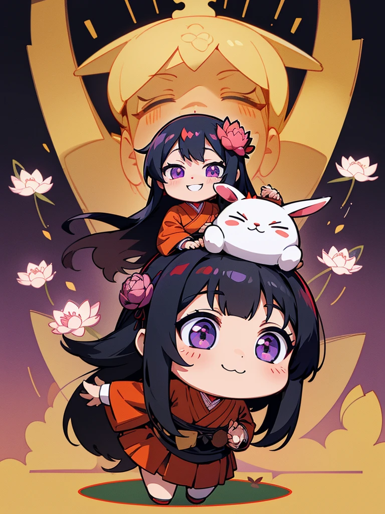 Buddha, rabbit ears, Black long hair, Red Japanese pattern dress, portable shrine, Angel Halo, lotus flower field, purple eyes, smile, Japanese flag
, lotus bouquet, paradise, Rose hair ornament.Gold Screen Chibi Maruko-chan