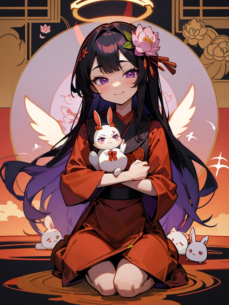 Buddha, rabbit ears, Black long hair, Red Japanese pattern dress, portable shrine, Angel Halo, lotus flower field, purple eyes, smile, Japanese flag
, lotus bouquet, paradise, Rose hair ornament.Gold Screen Chibi Maruko-chan