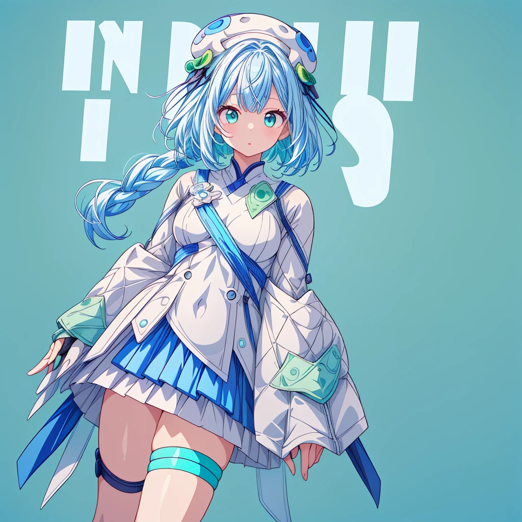 1girl、Character design front view、A picture facing the viewer、(((Super detailed、Highest quality、Masterpiece)))、Original cute hairstyle、Milky white and blue hair color、Simple Green Background、