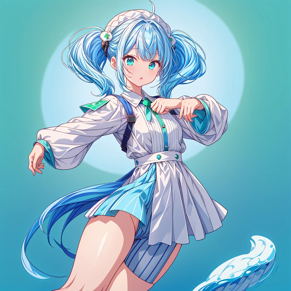 1girl、Character design front view、A picture facing the viewer、(((Super detailed、Highest quality、Masterpiece)))、Original cute hairstyle、Milky white and blue hair color、Simple Green Background、