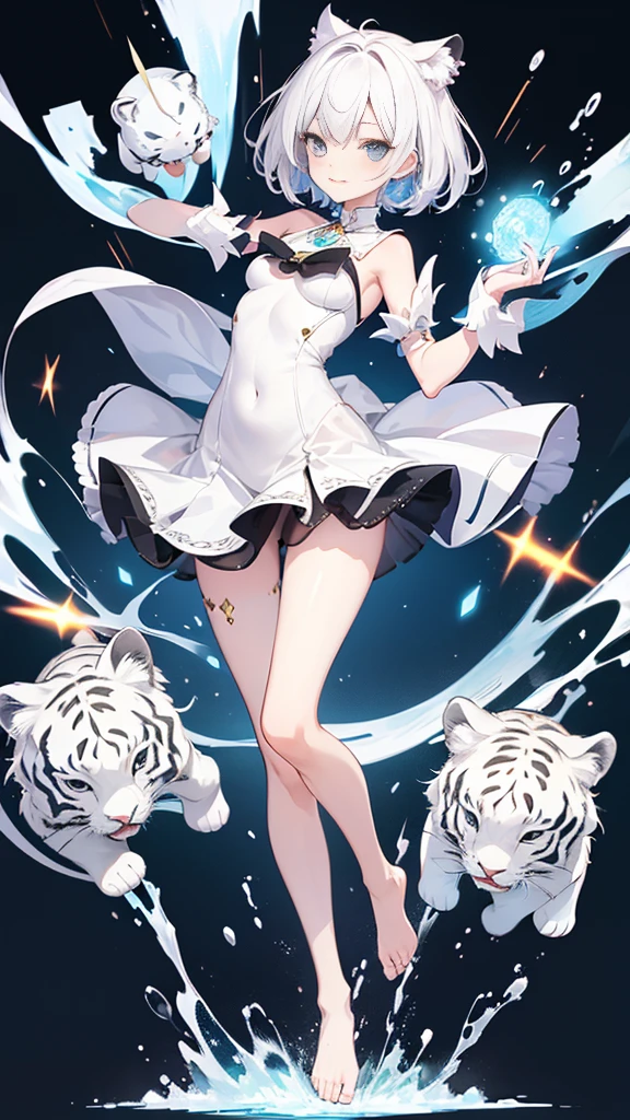 Second dimension ancient style magic short skirt(White Tiger)Girl(Full body picture),Perfectly proportioned body,Slender,Lively, cheerful and happy,Bare feet and legs,Ultra-clear,Clear background
