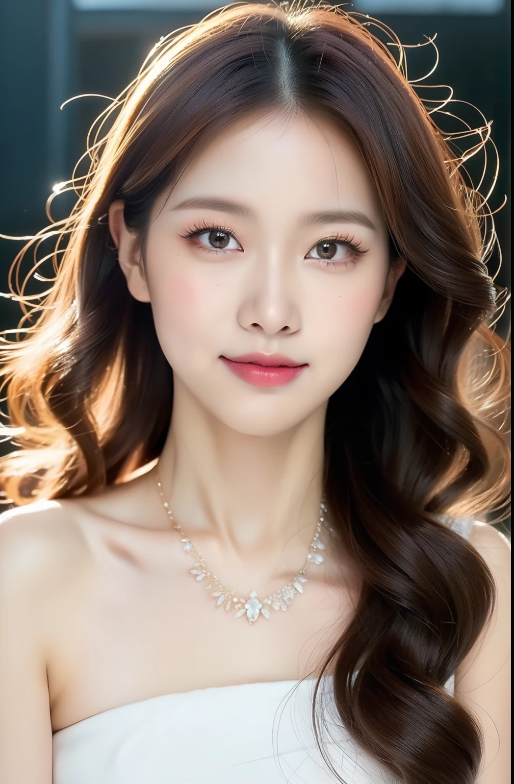 a close up of a woman with a necklace on her neck, wan adorable korean face, korean face features, beautiful aesthetic face, with cute doting eyes, popular south korean makeup, young adorable korean face, lovely delicate face, young cute wan asian face, with round face, CG unity (extreme) detail 8k wallpaper, masterpiece, best quality:1.2), High detail, Best image quality, surreal, lipsticks, Peerless beauty, long hair (violet) curly hair, Exquisite and perfect facial features, Be red in the face, body stunning figure, medium breasts, stylish, slim waist, very detailed facial and skin structure, Fair skin, harmonious facial details, fair skin, Double eyelids, a ponytail and a white dress, cute round slanted eyes, cute natural face, round and well-drawn eyes, clear cute face, realistic beautiful big eyes, glittery eyes, soulful eyes, pretty eyes, Double eyelids, soft makeup, Get close to the viewer, camera angle, dynamic angle, sunset on city