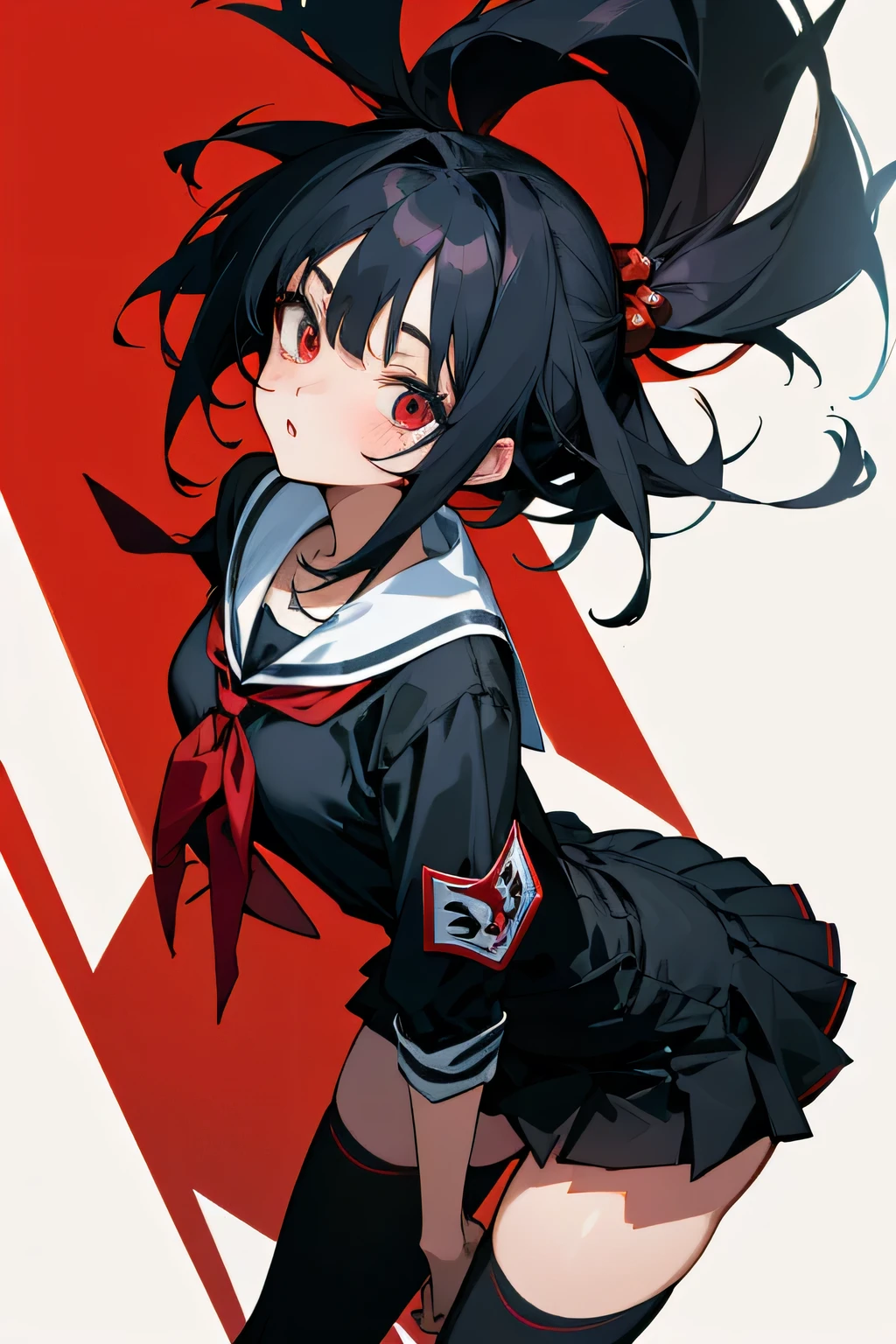 2D, anime girl with black hair and red eyes, rocker style clothing, school background.