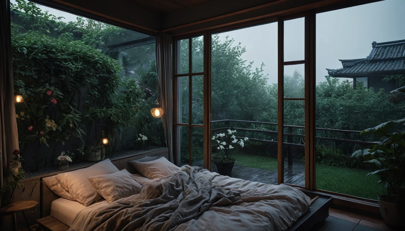 The picture shows a cozy gloomy bedroom, with a large window offering a view of a beautiful, dimly lit garden AND a garden soaked in FLOWERS, the cobblestones of the Japanese house concept. CINEMATIC, JAPANESE HOUSE, the shape of a Japanese house, and lots of flower gardens in the garden. The bed was unmade with rumpled sheets, indicating only a light sleep. the room is dark, gloomy, looks dim, gloomy. Beside the bed there is a small table with a classic lamp that radiates warm light into the room. Outside the window you can see the lush greenery of the terrace or balcony area, the rain is falling, the lamp on the left provides warm lighting, creating a calm and peaceful atmosphere. with fog obscuring part of the view in the distance. The contrast between the warmth indoors and the rain outdoors creates an inviting and calming atmosphere