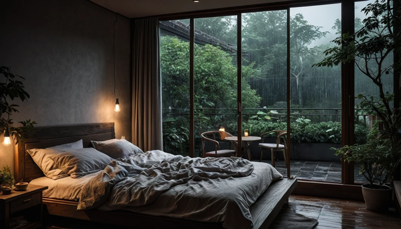 The picture shows a cozy gloomy bedroom, with a large window offering a view of a beautiful, dimly lit garden AND a garden soaked in FLOWERS, the cobblestones of the Japanese house concept. CINEMATIC, JAPANESE HOUSE, the shape of a Japanese house, and lots of flower gardens in the garden. The bed was unmade with rumpled sheets, indicating only a light sleep. the room is dark, gloomy, looks dim, gloomy. Beside the bed there is a small table with a classic lamp that radiates warm light into the room. Outside the window you can see the lush greenery of the terrace or balcony area, the rain is falling, the lamp on the left provides warm lighting, creating a calm and peaceful atmosphere. with fog obscuring part of the view in the distance. The contrast between the warmth indoors and the rain outdoors creates an inviting and calming atmosphere