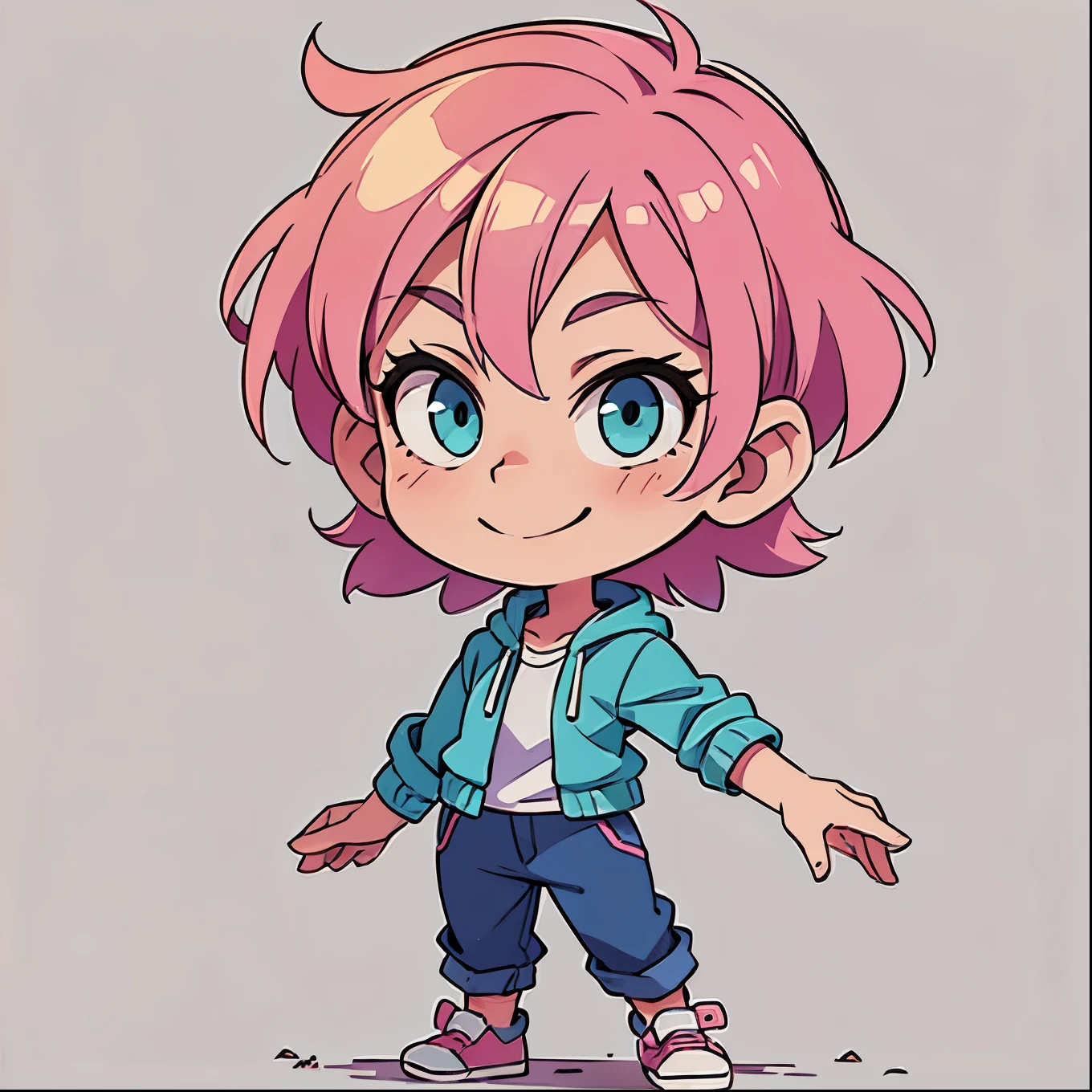 Cool and stylish smile、Pink hair、short hair、Blue-green eyes、Simple clothes