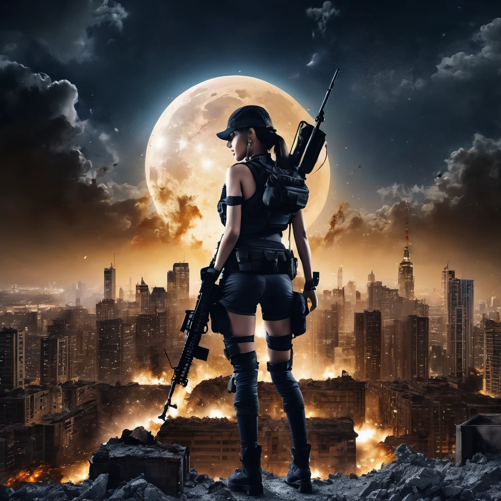 Highest quality, Highest quality, 16K, Unbelievably absurd, Very detailed, delicate and dynamic, Natural light, The particles reflect light, Diffuse reflection of light, Vortex of Light, war zone, bombs blusting around, dark outfield, ruined big city, roof top of ruined building, moon night, milky way, illumination, Create amazing image effects, Upper body close-up, (sole sexy girl, big Firm bust, , powerful, A professional sniper,, shooting a target with M16 auto rifle, swat uniform,)
