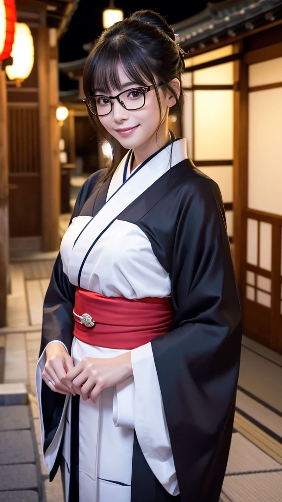 (Super beautiful woman in kimono)、((highest quality、8K masterpiece:1.3))、sharp focus:1.2、(super beautiful face:1.0)、(shiny skin:1.0)、realistic pictures、black hair、video lighting、High resolution eyes and face、video lighting、japanese actress、from the front、big breasts、with a happy smile、Slender abs beauty、whole body、wearing a kimono、in Kyoto、(((luxury obi)))、In Kyoto at night、wearing glasses with no edge、with a fan