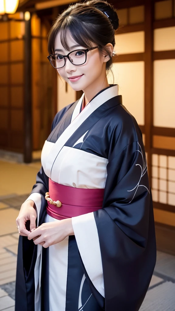 (Super beautiful woman in kimono)、((highest quality、8K masterpiece:1.3))、sharp focus:1.2、(super beautiful face:1.0)、(shiny skin:1.0)、realistic pictures、black hair、video lighting、High resolution eyes and face、video lighting、japanese actress、from the front、big breasts、with a happy smile、Slender abs beauty、whole body、wearing a kimono、in Kyoto、(((luxury obi)))、In Kyoto at night、wearing glasses with no edge、with a fan