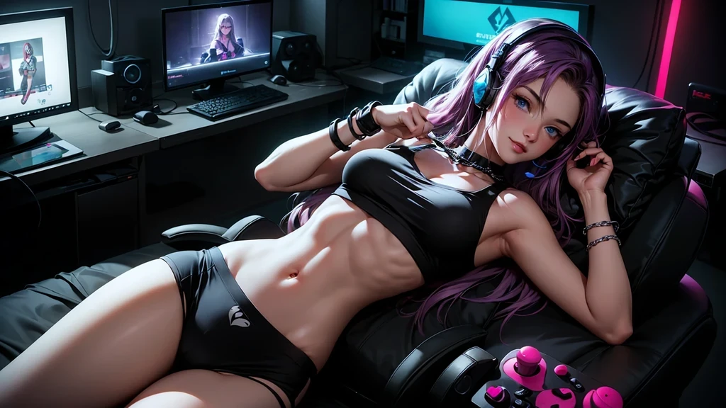 Create a top-quality image of an 18-year-old girl with a heart tattoo on her right shoulder. She has long purple hair and blue eyes, wearing a super short black crop top and just panties, highlighting her slender figure and best bust of 85. The girl is laying on her stomach, peacefully asleep with a gentle smile. She is adorned with chain accessories, a black wristband, and gaming headphones. The background features a neon-colored room with a gaming PC, gaming desk, gaming chair, and gaming bed, complete with a gaming console. The image should exhibit high-quality visual artistry, with intricate details