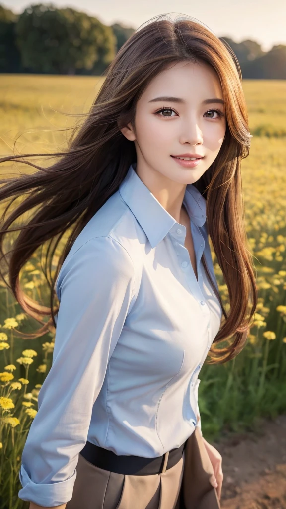 highest quality、genuine、Super detailed、finely、High resolution、8k wallpaper、one beautiful woman、、、light brown disheveled hair、wearing a business suit、sharp focus、perfect dynamic composition、beautiful and detailed eyes、thin hair、Detailed genuine skin texture、smile、model body shape、In a windswept meadow