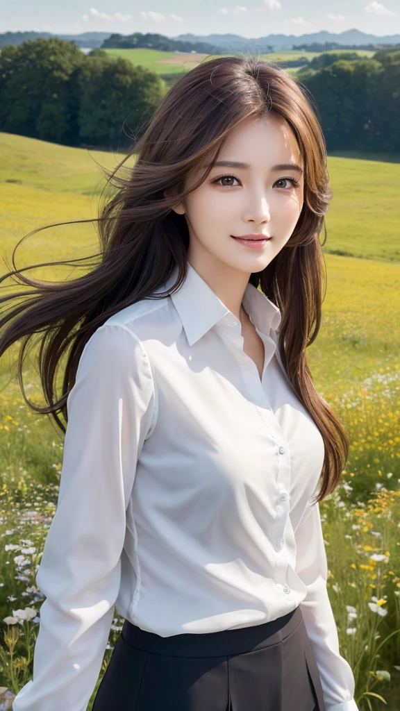highest quality、genuine、Super detailed、finely、High resolution、8k wallpaper、one beautiful woman、、、light brown disheveled hair、wearing a business suit、sharp focus、perfect dynamic composition、beautiful and detailed eyes、thin hair、Detailed genuine skin texture、smile、model body shape、In a windswept meadow